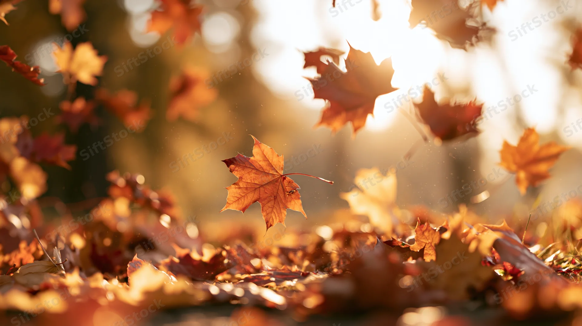 Maple leaves falling and scattered across the ground in a sunlit forest during autumn