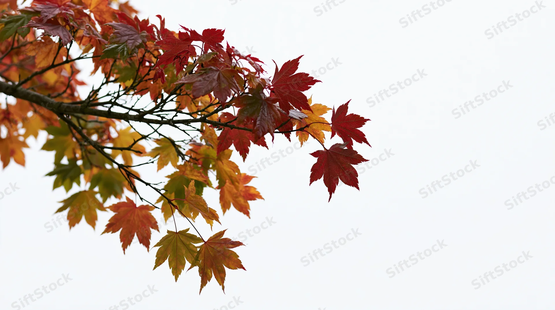 Maple tree branch with autumn leaves extending into frame against overcast sky
