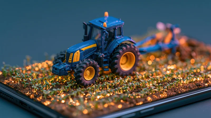 Miniature blue and yellow farm tractor with attached plow on a digital smartphone screen displaying a field of seedlings