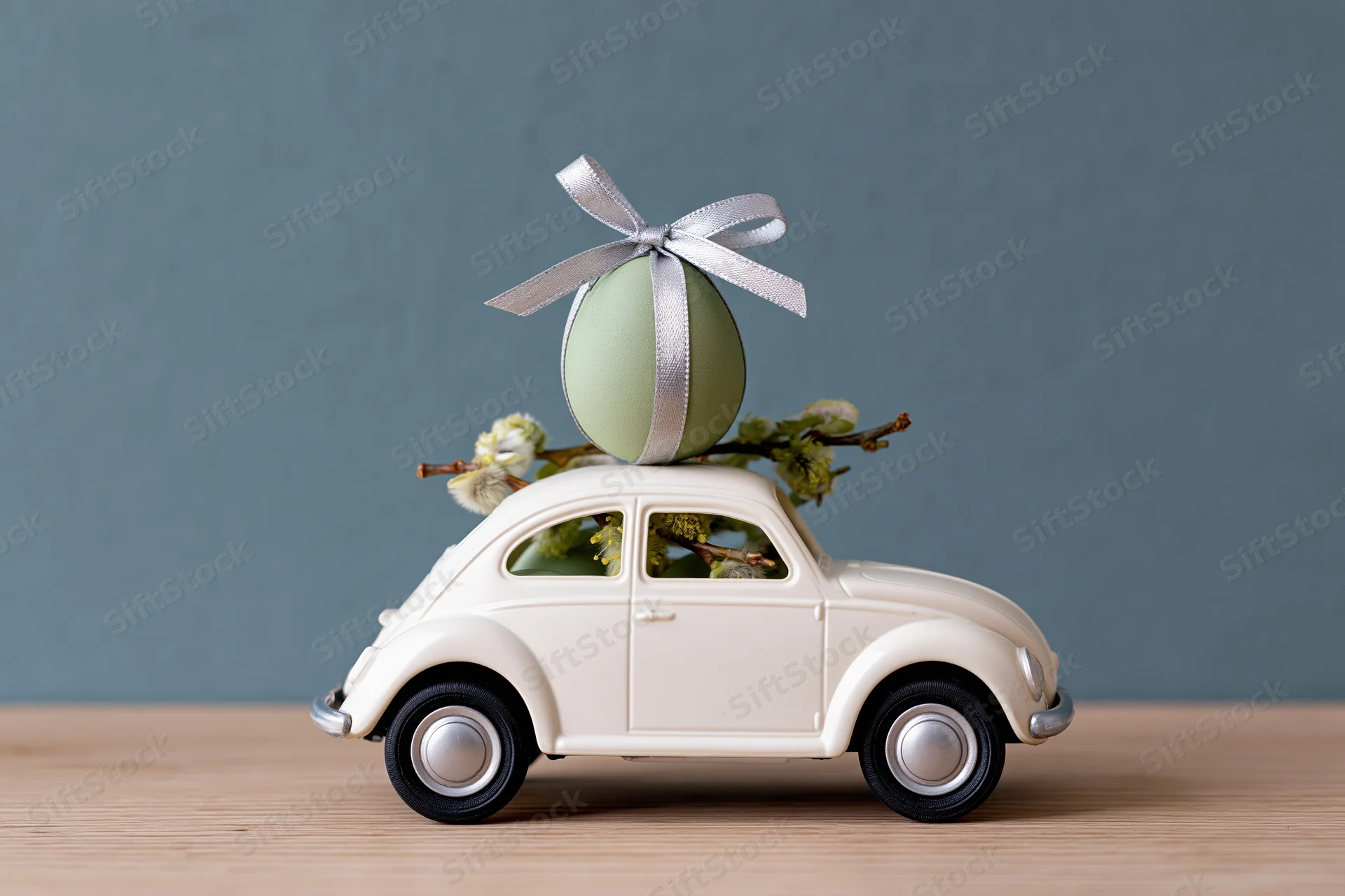Miniature white vintage toy car carrying a green easter egg with ribbon and willow branches on wooden surface