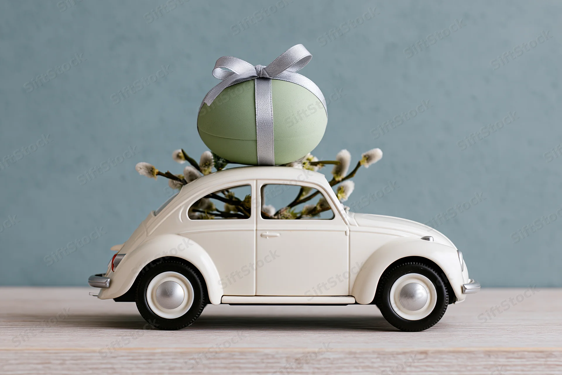 Miniature white vintage toy car carrying a green easter egg with ribbon and willow branches on wooden surface