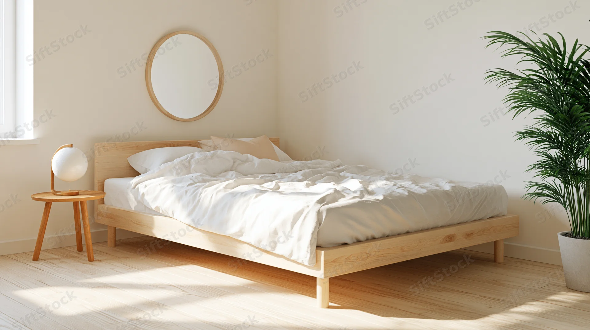 Minimalist bedroom with light wood bed and white bedding, featuring a round mirror, side table with lamp, and potted plant near window