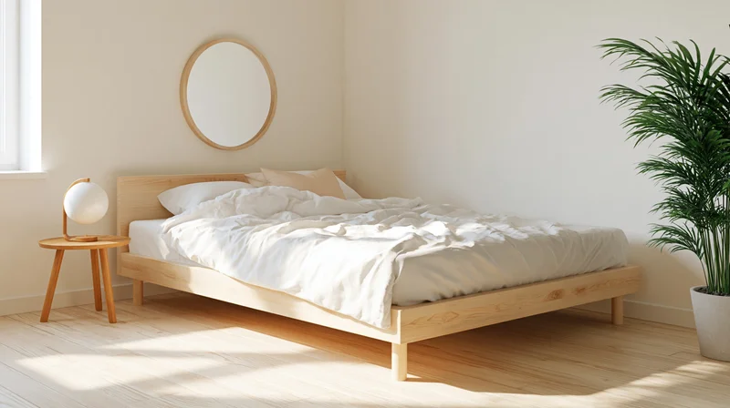 Minimalist bedroom with light wood bed and white bedding, featuring a round mirror, side table with lamp, and potted plant near window