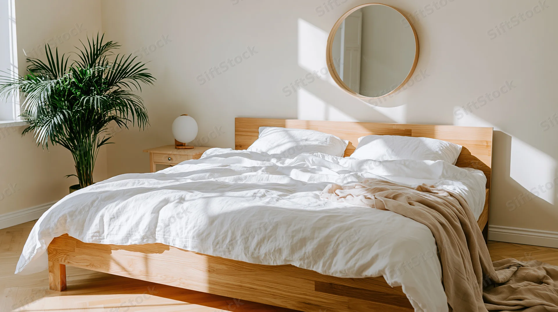 Wooden bed with white bedding and round mirror in minimalist bedroom with palm plant and sunlight