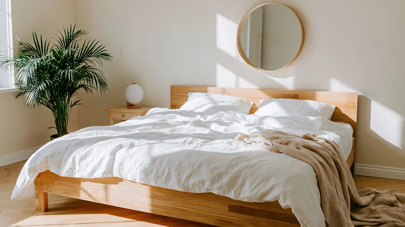 Wooden bed with white bedding and round mirror in minimalist bedroom with palm plant and sunlight