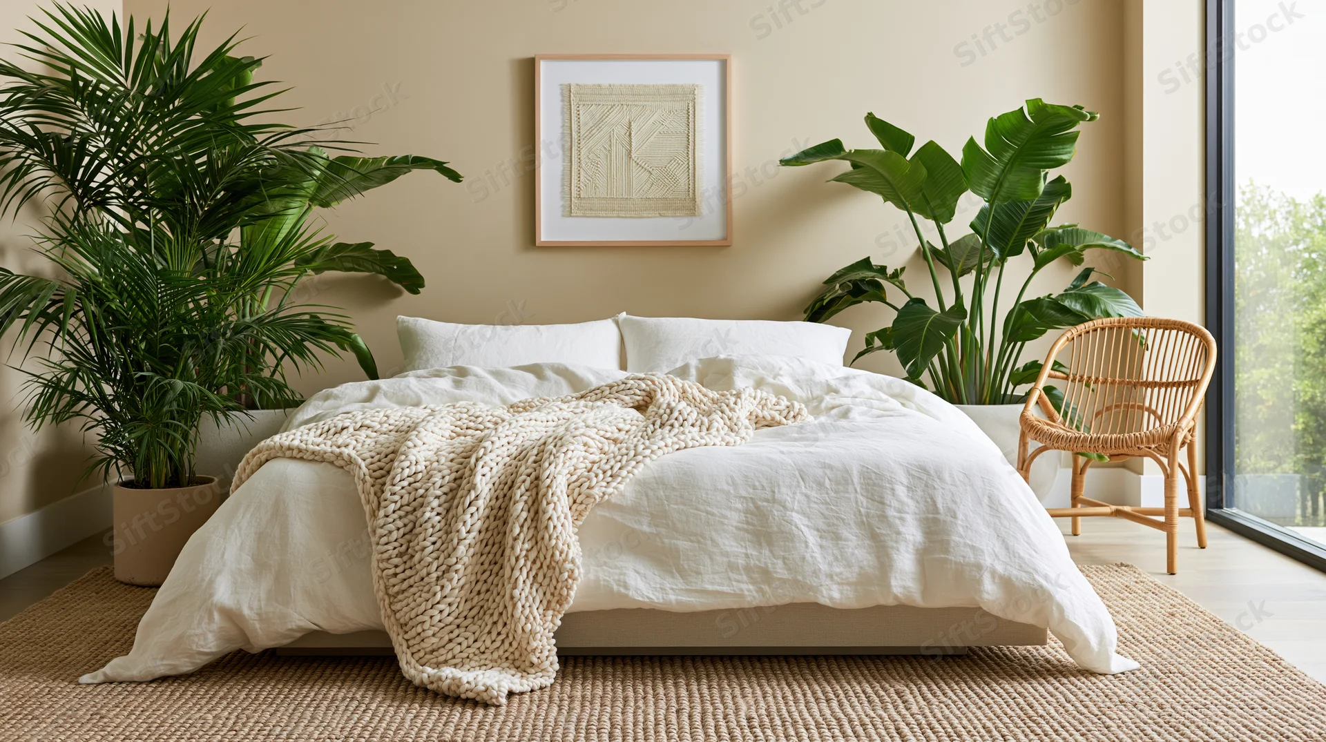 Minimalist bedroom with low platform bed dressed in white linen and knit throw, flanked by potted plants and a rattan chair near a large window