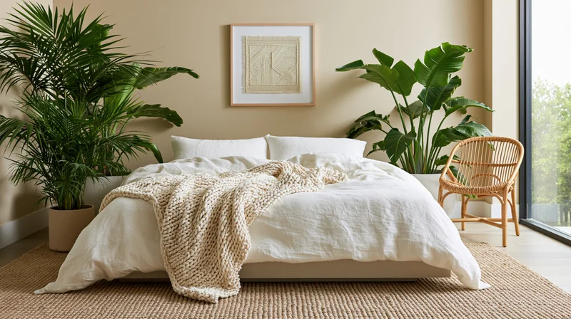 Minimalist bedroom with low platform bed dressed in white linen and knit throw, flanked by potted plants and a rattan chair near a large window