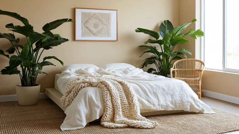 Minimalist bedroom with low platform bed, white linen bedding, chunky knit throw, potted banana plants, rattan chair, and woven rug near window