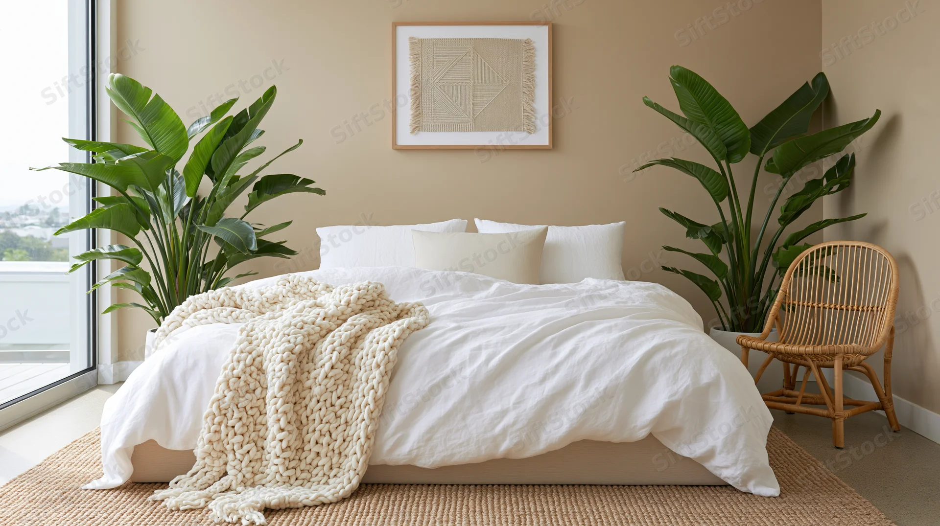 Minimalist bedroom with low platform bed dressed in white bedding and flanked by banana plants, featuring a rattan chair and woven wall art
