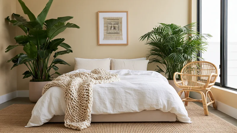 Minimalist bedroom with low platform bed, white bedding, and potted plants near window