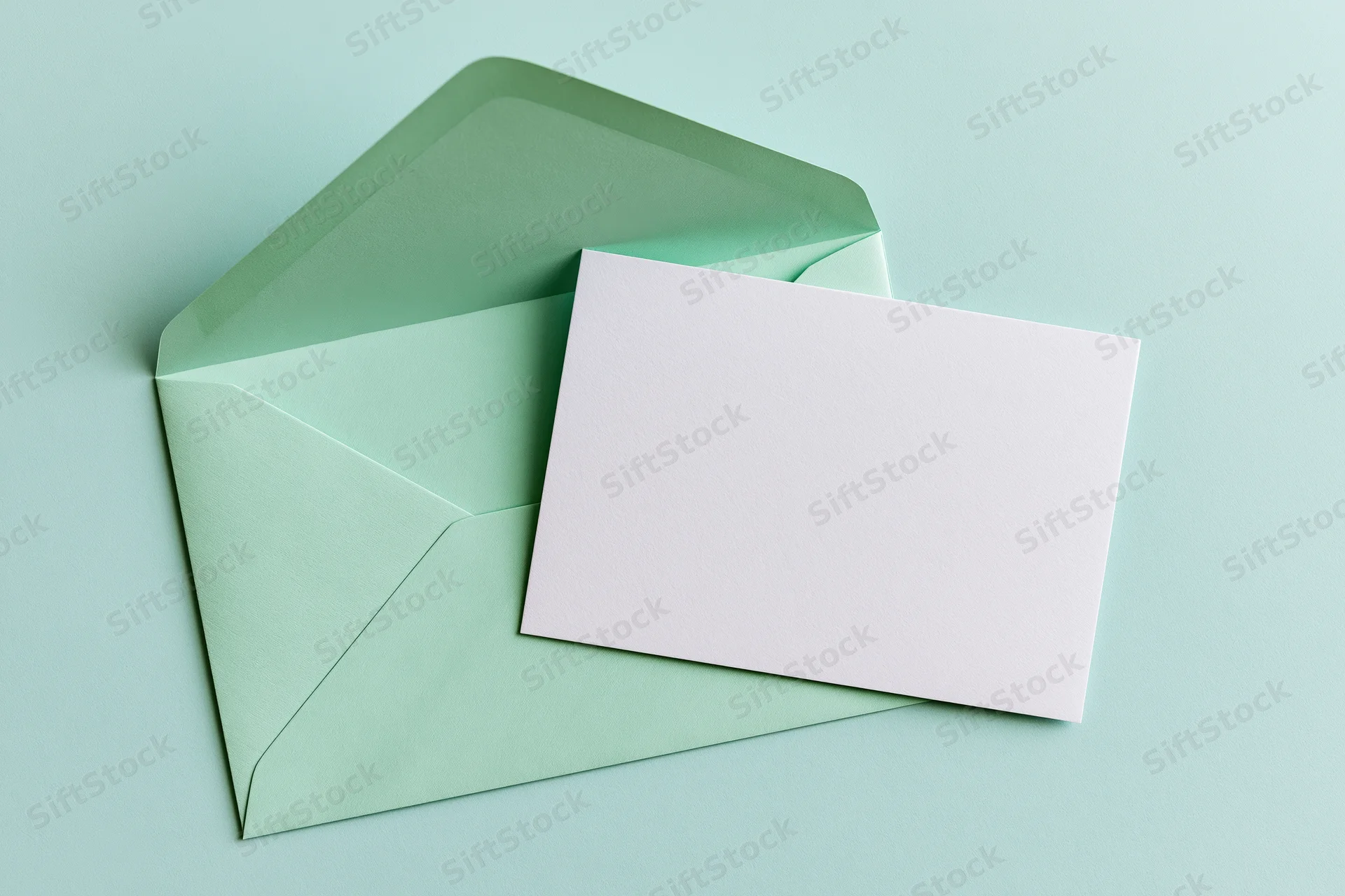 Mint green envelope open with blank white card on pastel surface