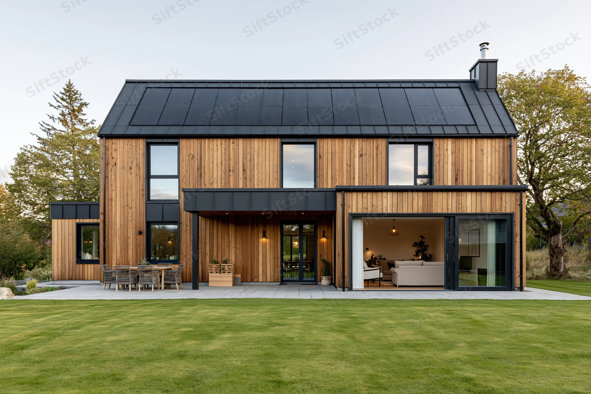 Modern scandinavian-style house with wooden facade and solar panels on roof, featuring open patio and visible living room interior