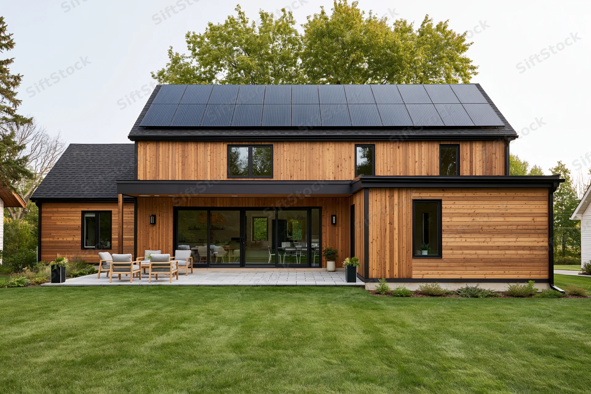 Modern scandinavian-style house with solar panels on the roof and wooden exterior surrounded by green lawn and trees