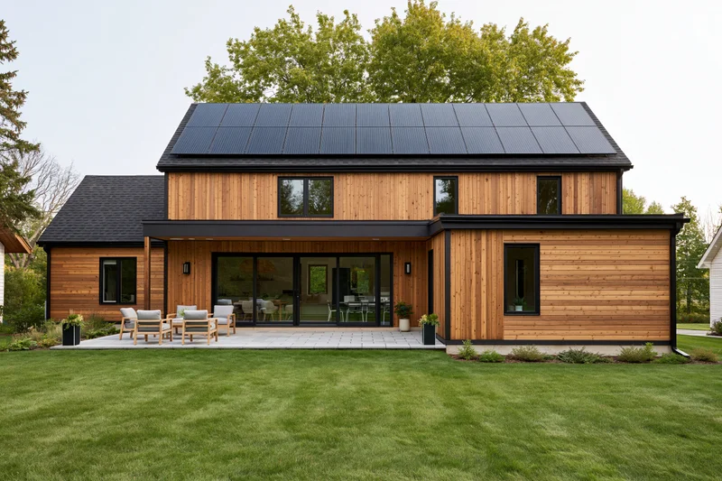 Modern scandinavian-style house with solar panels on the roof and wooden exterior surrounded by green lawn and trees