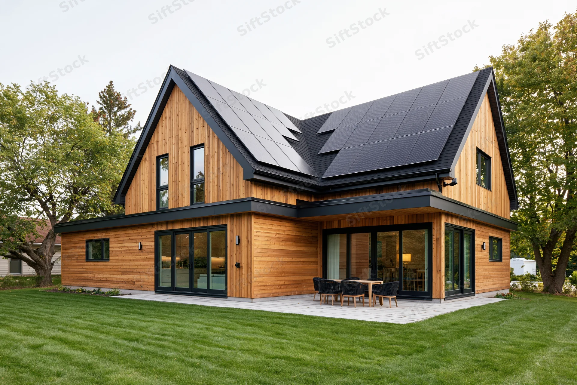 Modern scandinavian-style house with solar panels on the roof and wood cladding, set in a landscaped yard with patio furniture and green lawn