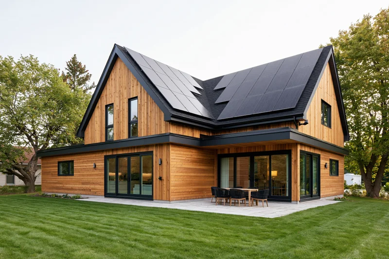 Modern scandinavian-style house with solar panels on the roof and wood cladding, set in a landscaped yard with patio furniture and green lawn