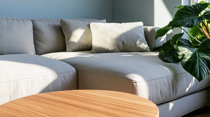 Light grey linen sectional sofa with cushions and a leafy plant in a modern living room corner, sunlight casting shadows on the fabric and a round wooden coffee table in front