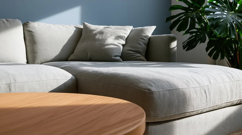 Light gray linen sectional sofa with throw pillows and a round wooden coffee table in a modern living room corner, beside a large monstera plant