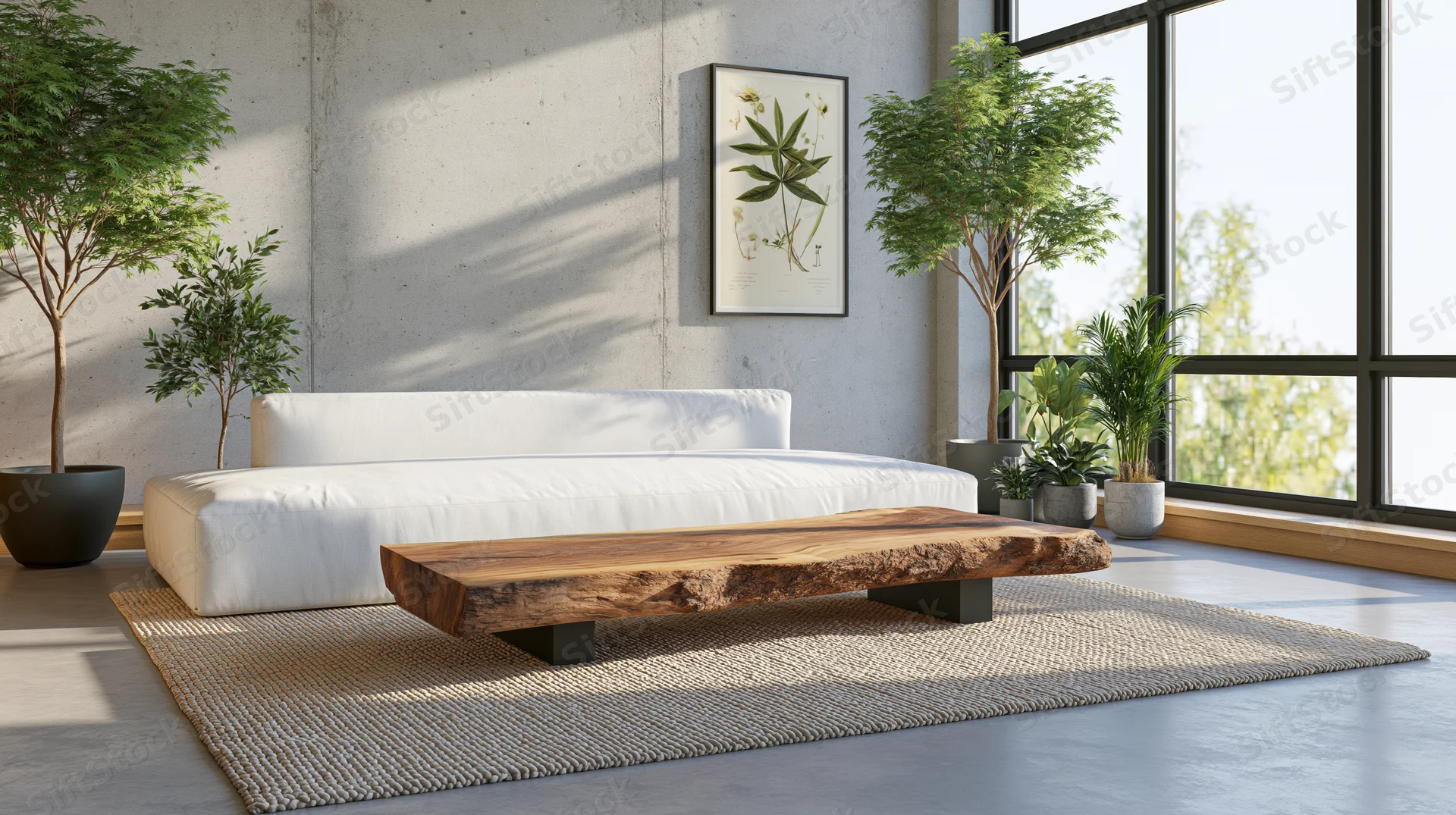 Modern living room with white sofa, live-edge wood coffee table, and potted plants near large windows