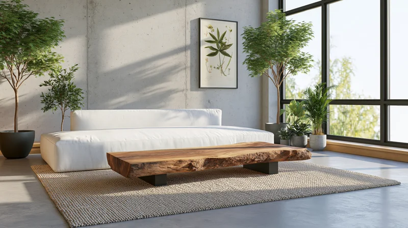 Modern living room with white sofa, live-edge wood coffee table, and potted plants near large windows