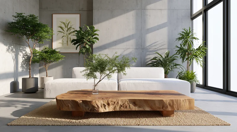 Modern living room with white sofa and live-edge wood coffee table surrounded by potted plants near large windows
