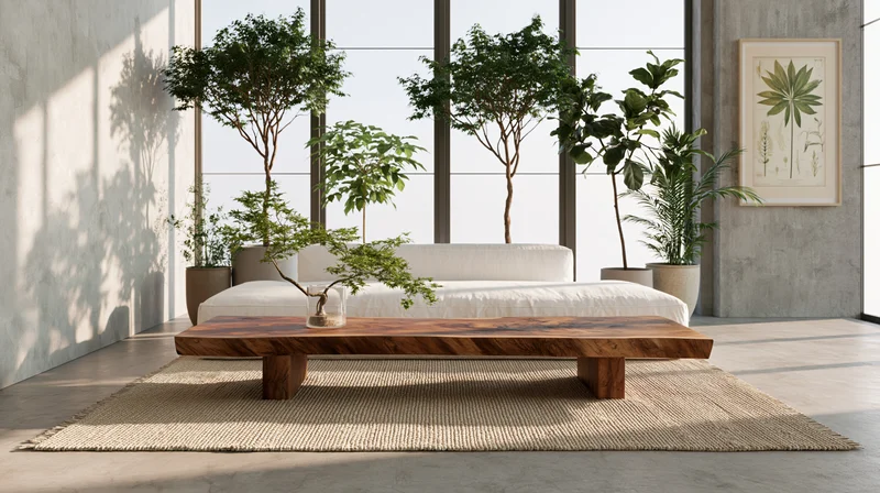 Modern living room with wooden coffee table and potted plants by large windows