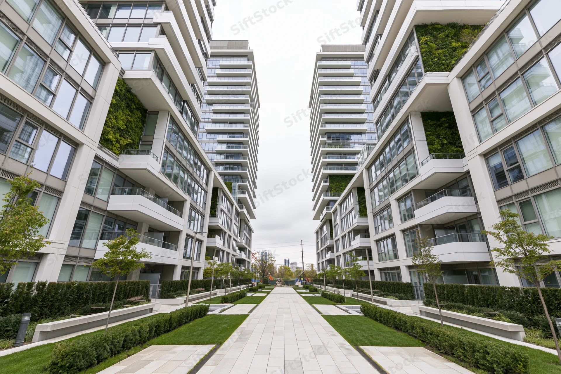 Modern apartment buildings framing a paved courtyard with green landscaping and trees