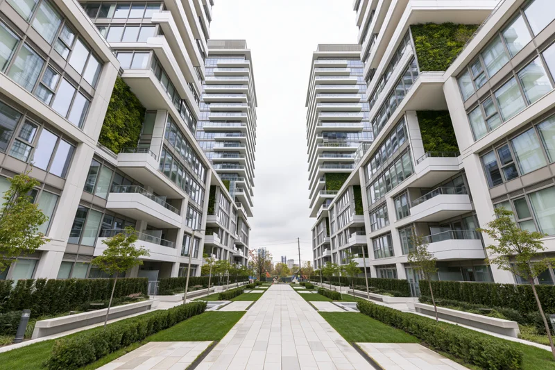 Modern apartment buildings framing a paved courtyard with green landscaping and trees