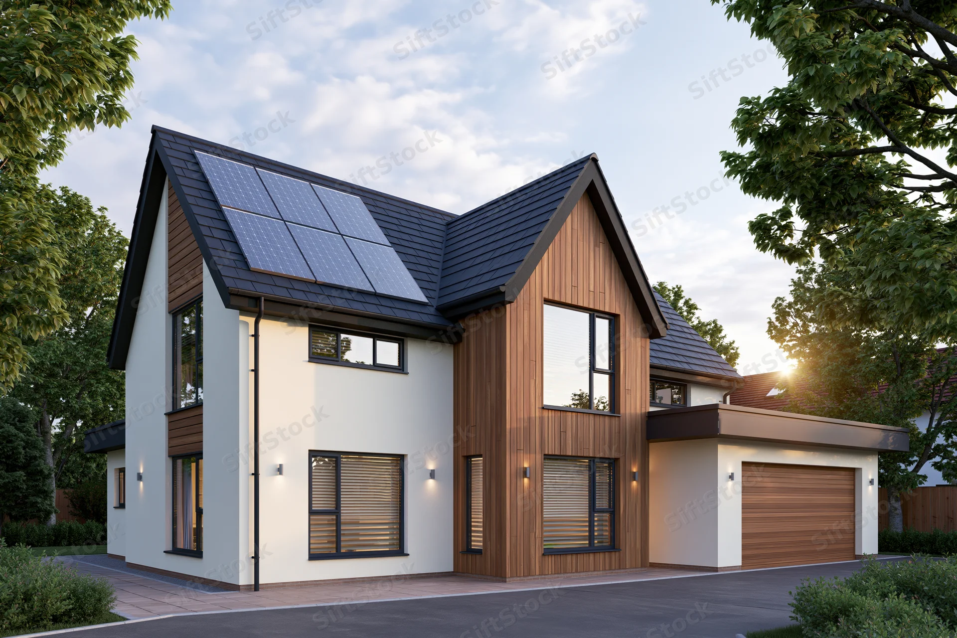Modern suburban house with solar panels on dark pitched roof surrounded by trees and greenery