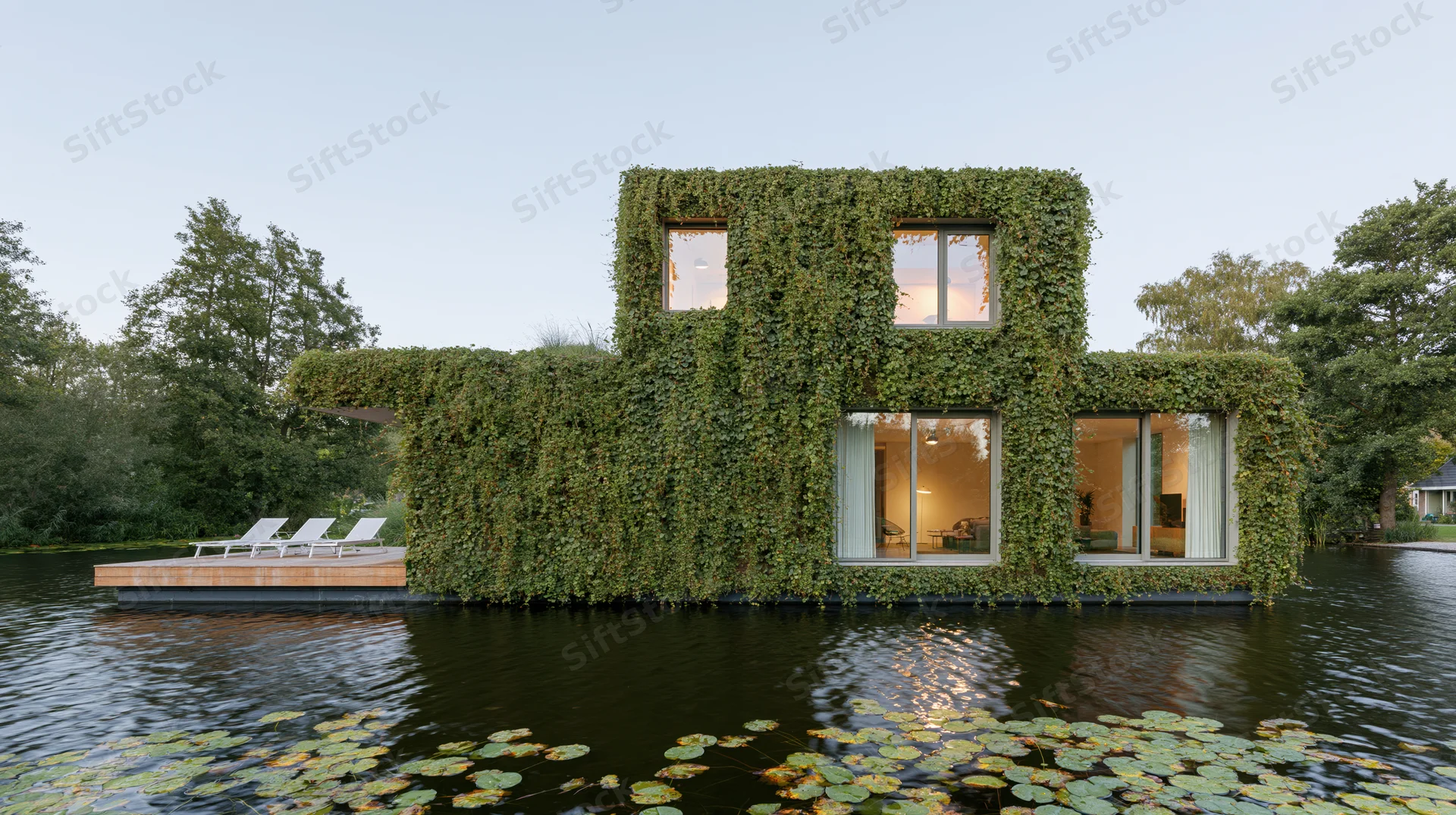 Modern floating house covered in dense ivy on calm water with lily pads and trees in background