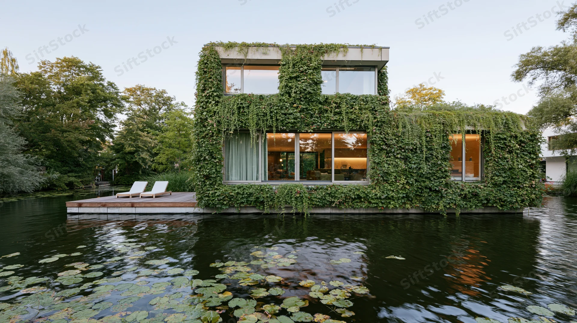 Modern two-story floating house covered in dense ivy on calm water with wooden deck and lounge chairs