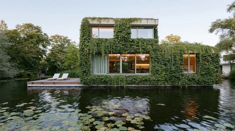 Modern two-story floating house covered in dense ivy on calm water with wooden deck and lounge chairs