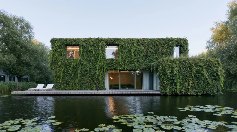Modern floating house covered in dense ivy on calm water with lily pads and trees surrounding