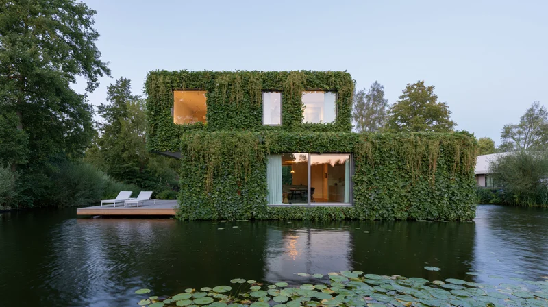 Modern two-story floating house covered in dense ivy on calm water with lily pads and trees in background