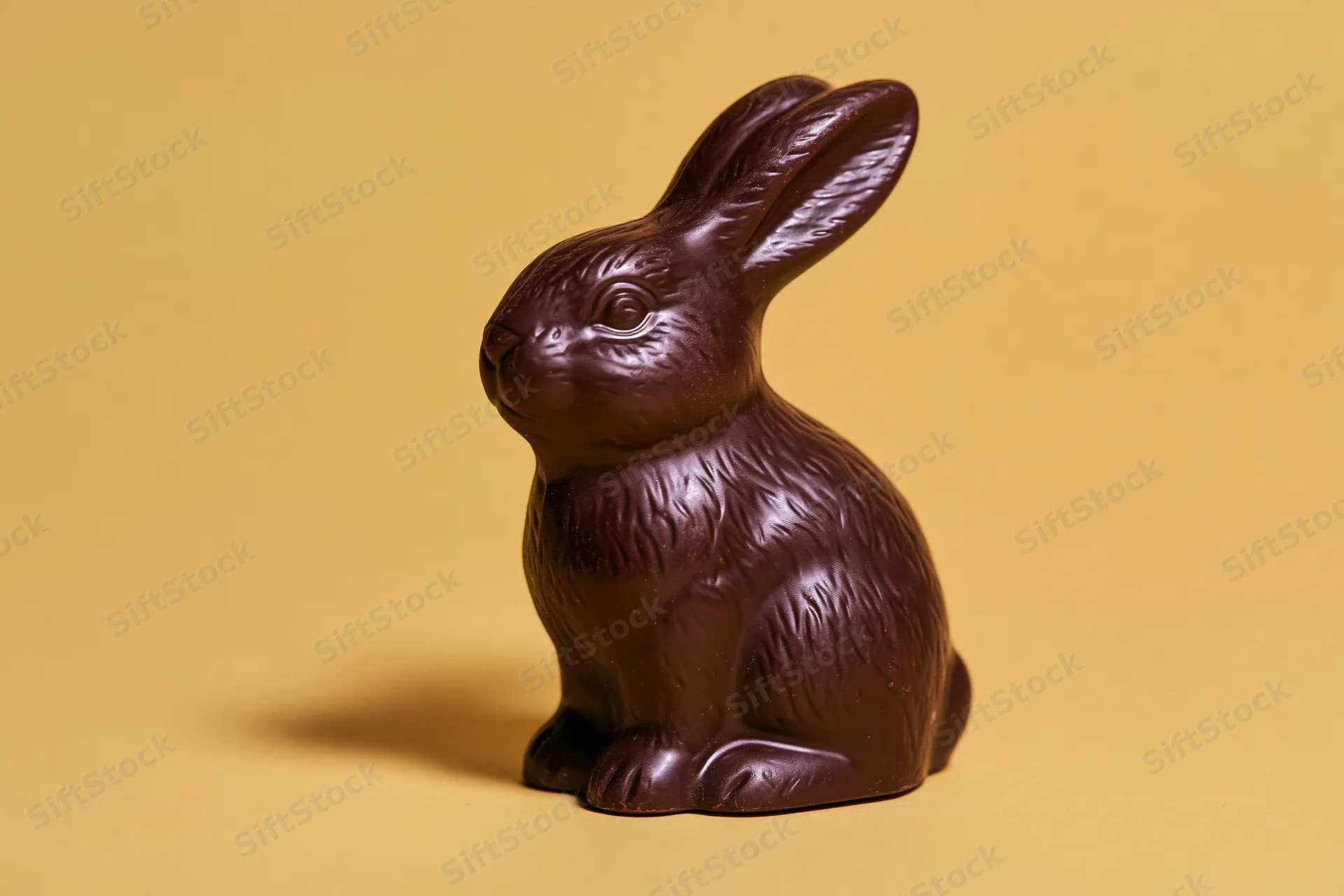 Molded dark chocolate easter bunny figurine sitting upright on yellow background