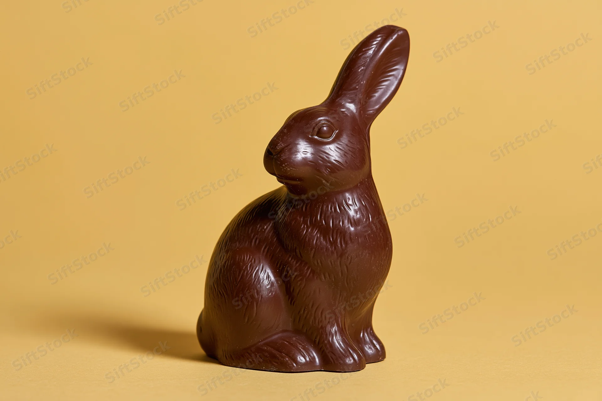 Molded dark chocolate easter bunny figurine sitting upright on a yellow surface