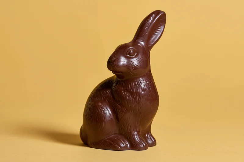 Molded dark chocolate easter bunny figurine sitting upright on a yellow surface