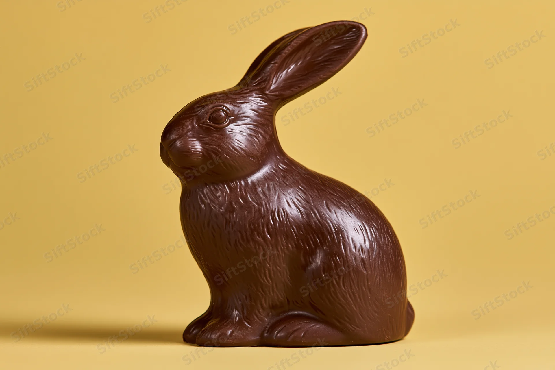 Molded dark chocolate easter bunny figurine sitting upright on yellow background