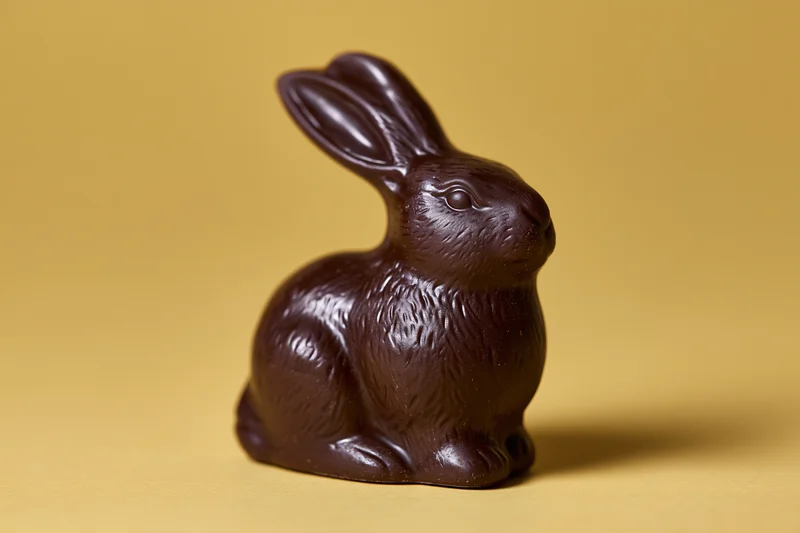 Dark chocolate easter bunny figurine sitting upright on yellow background