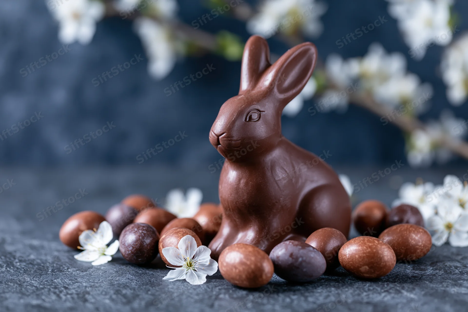 Milk chocolate easter bunny figurine surrounded by chocolate eggs and white blossoms on a dark stone surface