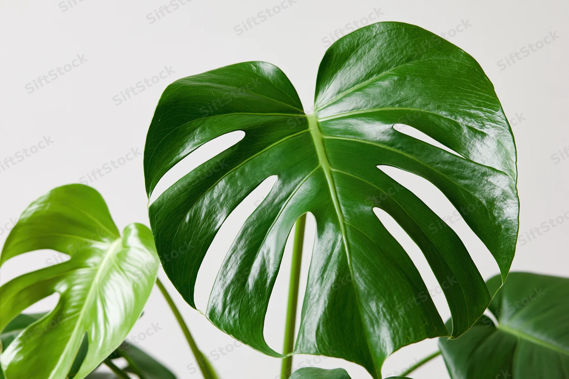 Monstera plant with large glossy green leaves showing natural splits and perforations against a plain background