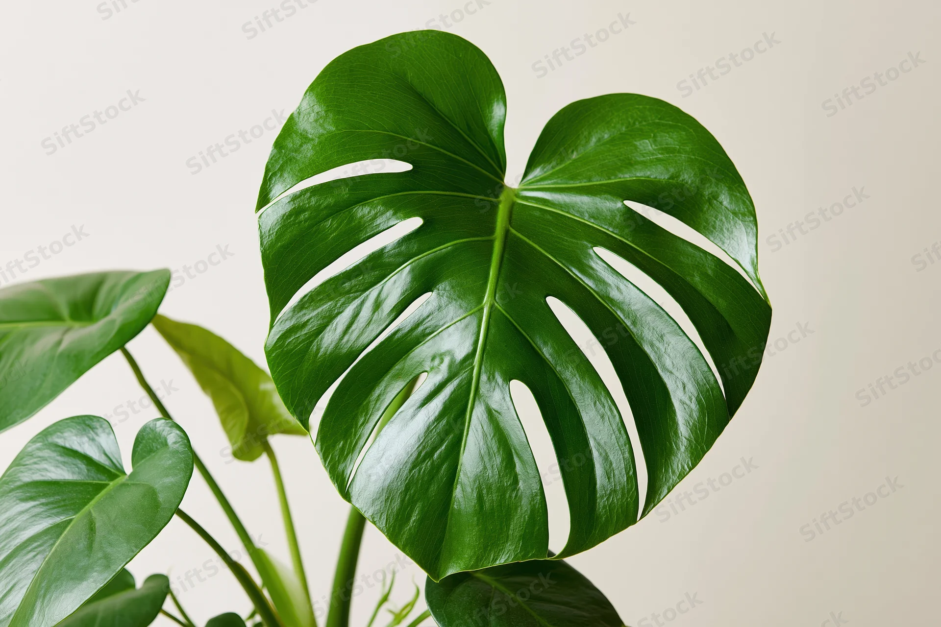 Large glossy monstera leaf with natural splits and veins against a plain light background