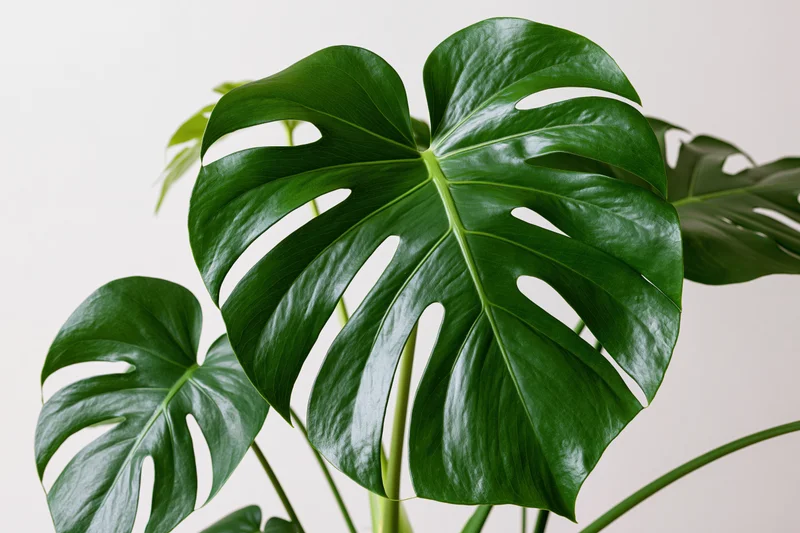 Monstera plant with large glossy green leaves showing natural splits and perforations against a plain background
