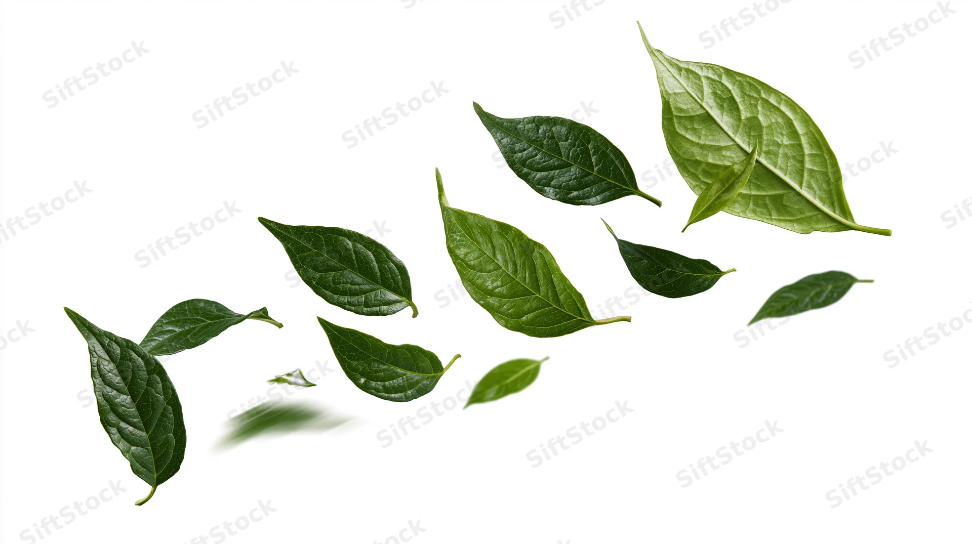 Green leaves falling in diagonal motion against white background