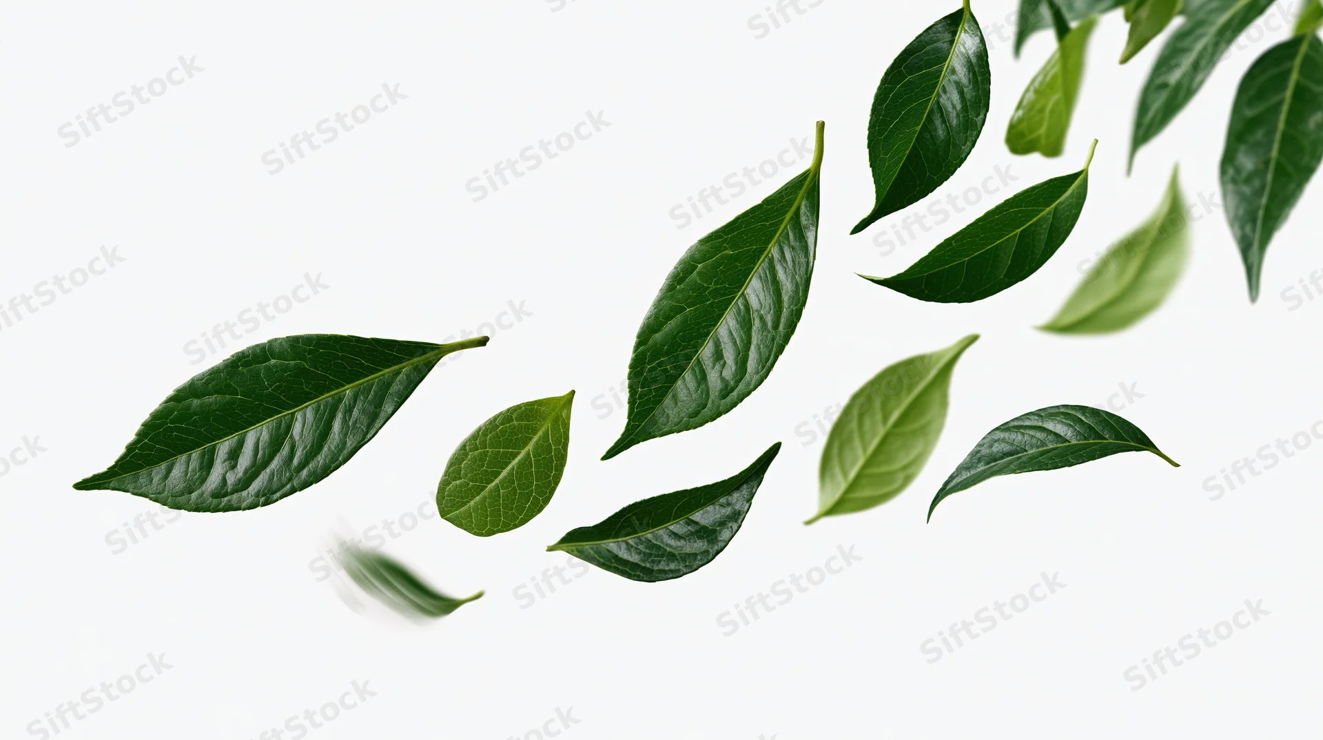 Green leaves floating diagonally across a white background