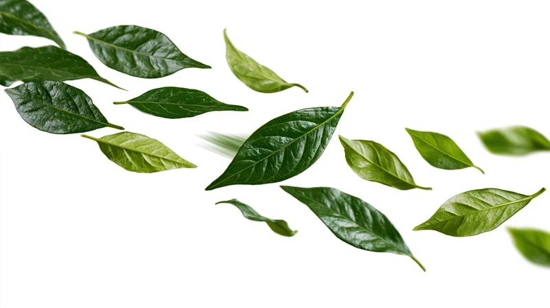 Green leaves floating diagonally across a white background