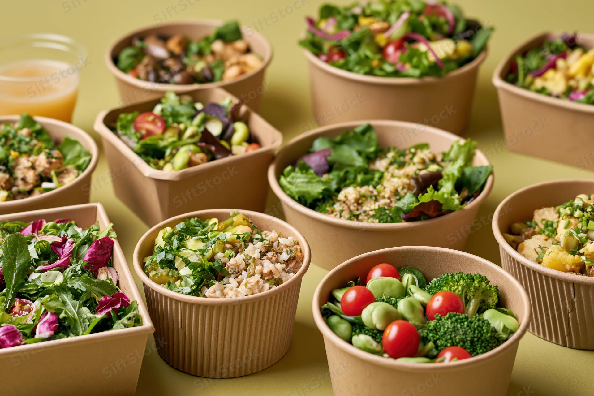 Multiple kraft paper takeout containers and bowls filled with fresh salads and vegetables arranged on a green surface
