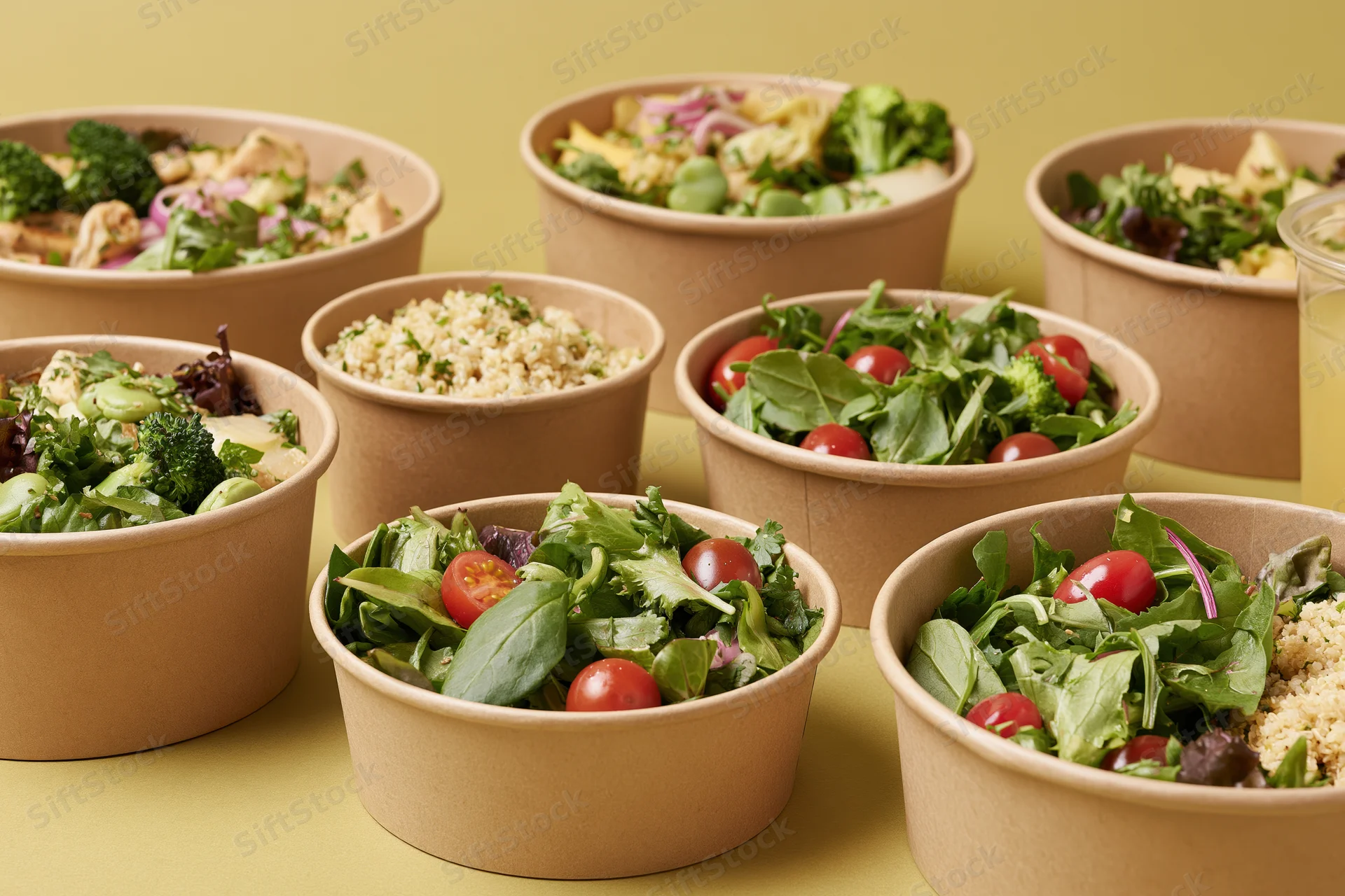 Multiple kraft paper bowls filled with fresh salads and vegetables arranged on a yellow surface