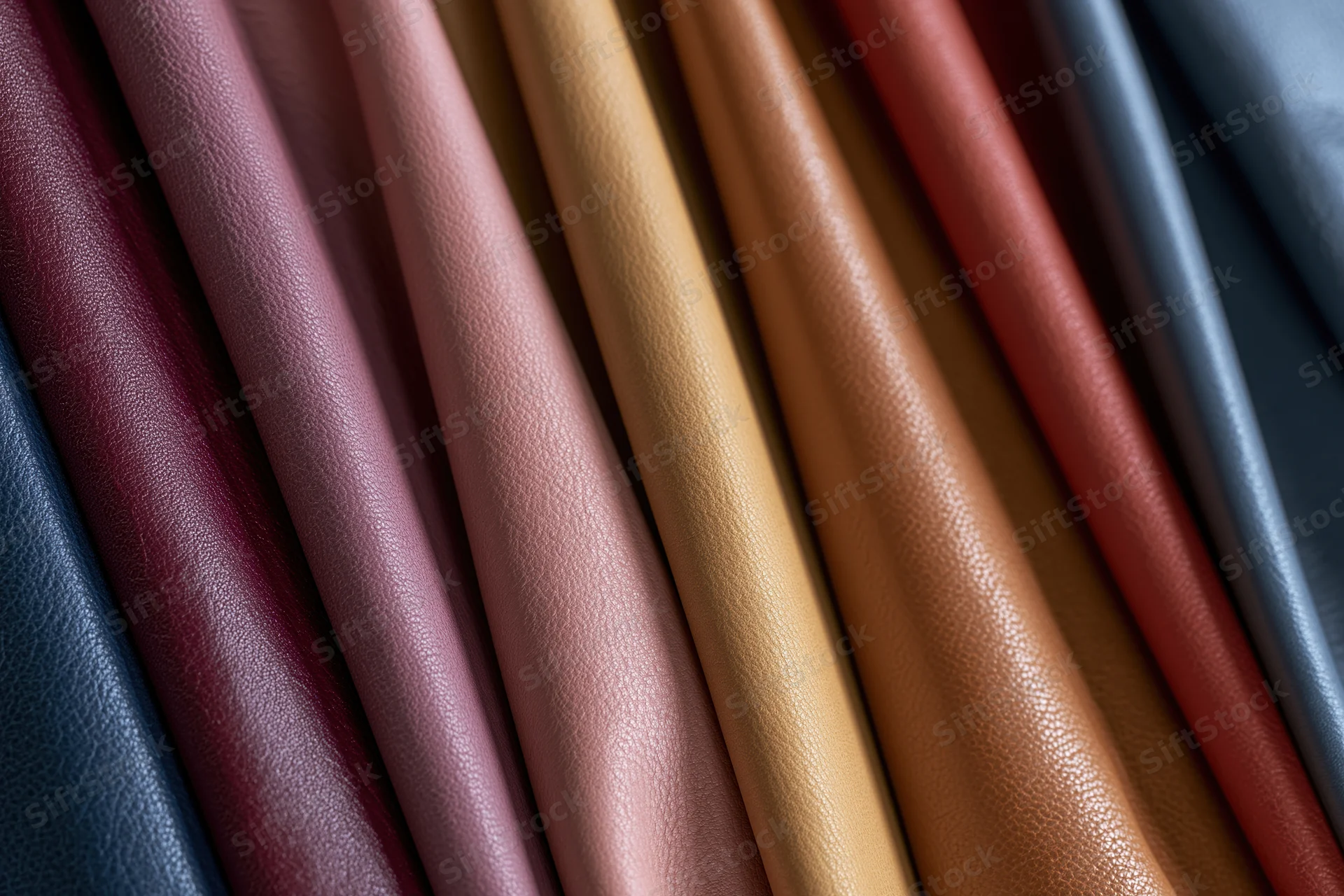 Multiple leather hide samples draped vertically side by side in a color palette for material selection