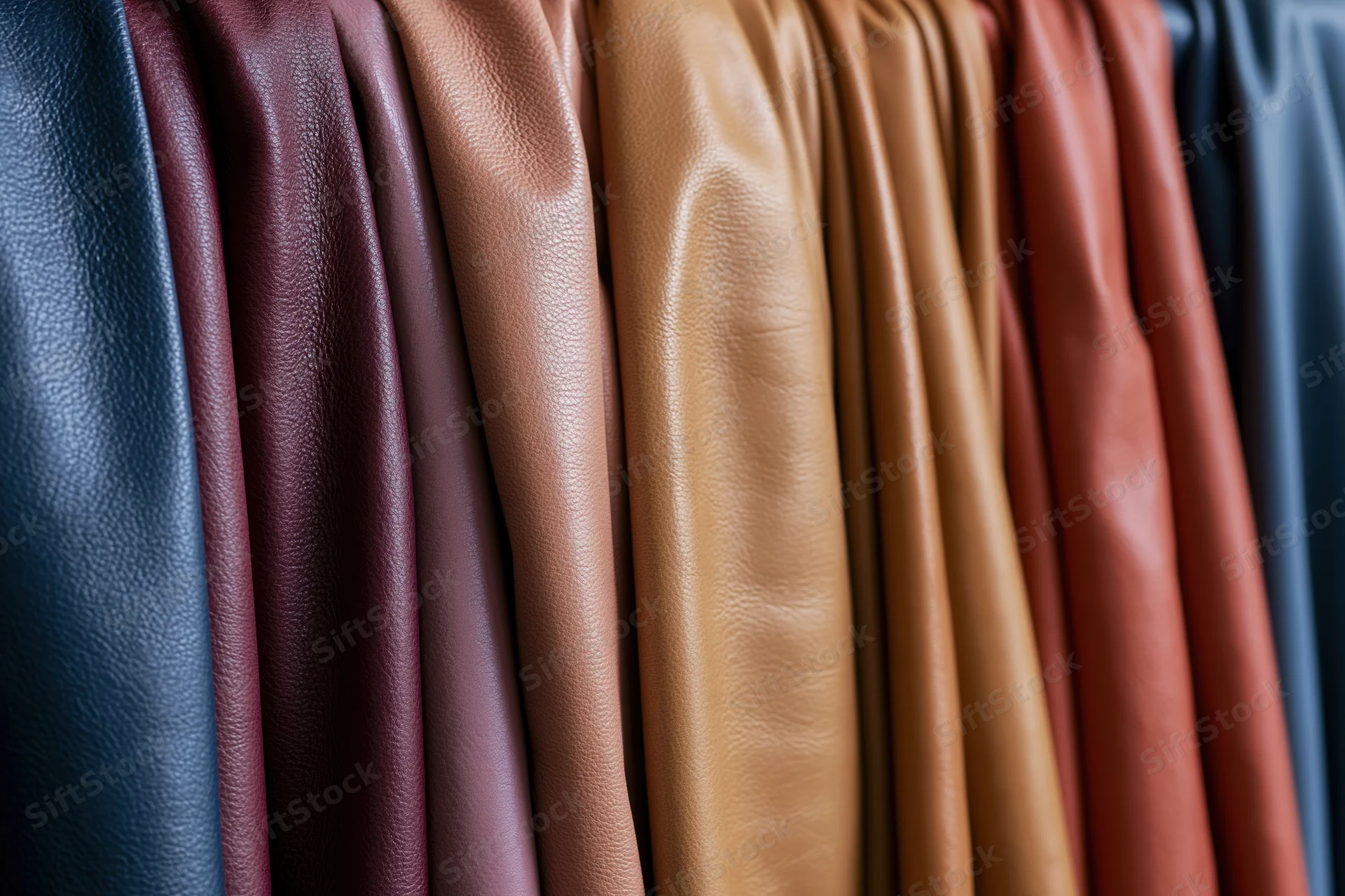 Multiple leather hide samples draped vertically side by side